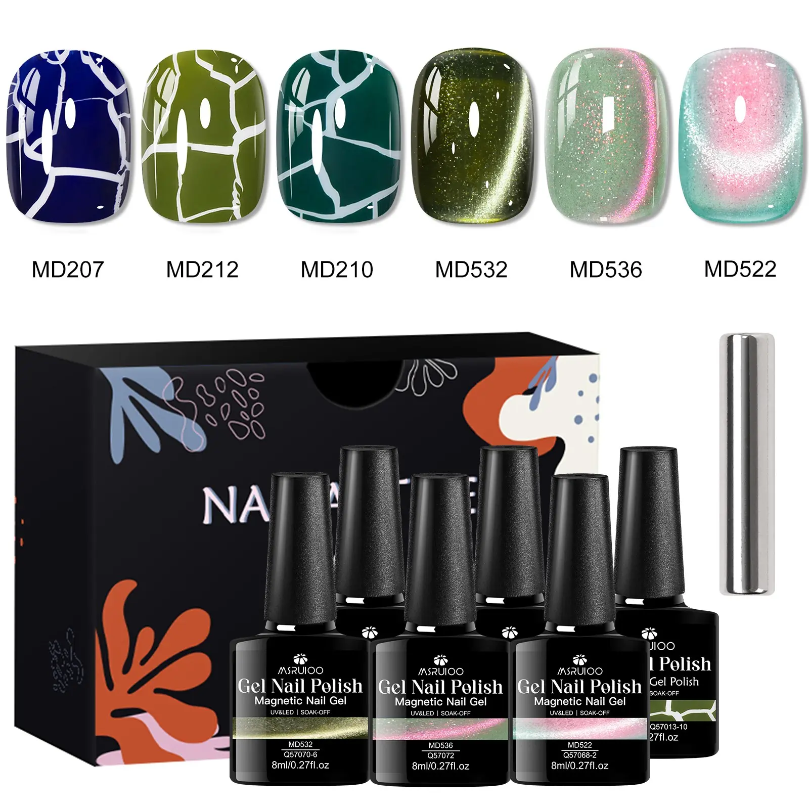MSRUIOO 7pcs Crackle & Cat Eye Gel Nail Polish Set, Unique Fashion Tendency Cracked Effect, Semi Permanent Soak off Nail Varnish for Home Salon Nail Art DIY