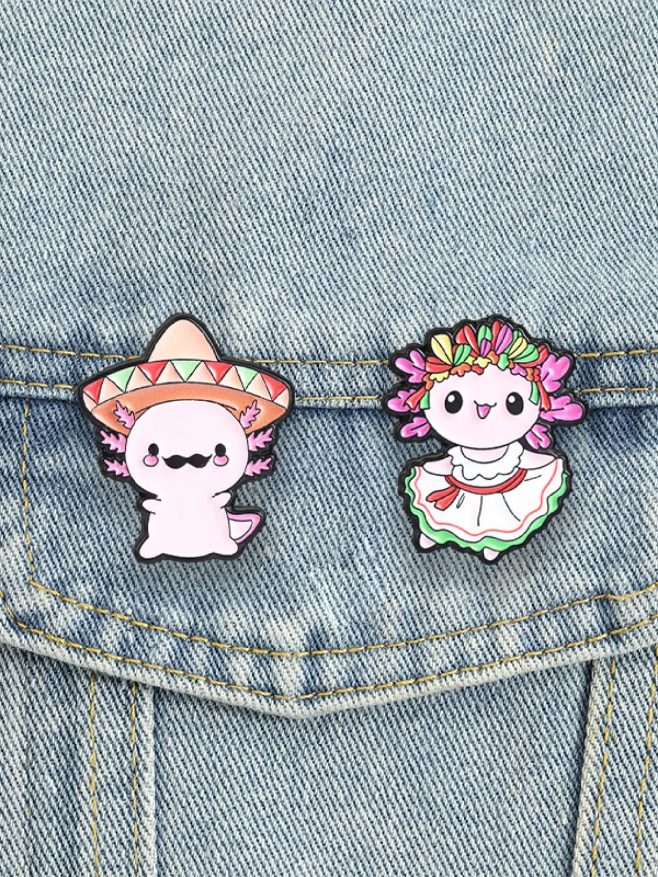 Mexican Folk Axolotl Enamel Pin, Traditional Sombrero Dance Skirt Brooch, Cartoon Latine Style Backpack Decor Badge