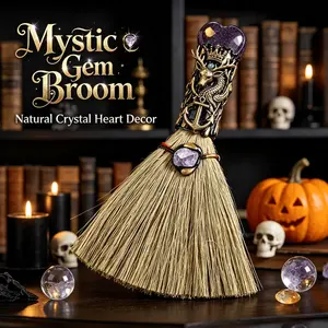 Hand Woven Tiny Broom with Natural Heart Gemstone, Retro Alloy Relief Accessory, Dark Fantasy Table Decor, Halloween Souvenir Gift