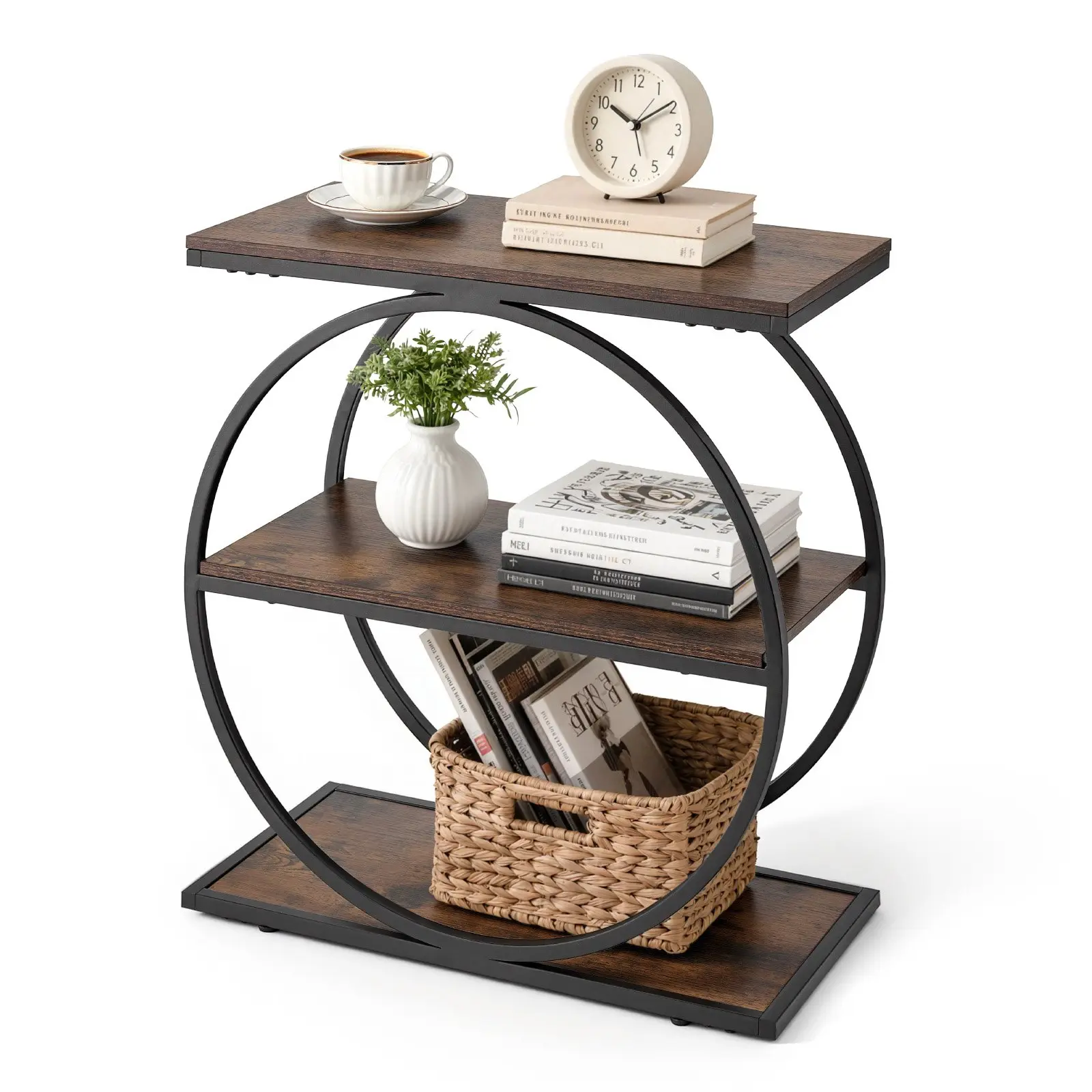 【DealsForYouDays】VEVOR End Table, 3-Tier Narrow Side Table with Open Storage Shelves, Modern Nightstand Bedside Desk with Round Metal Frame, Wood Sofa Coffee Desk for Living Room, Bedroom, Office, Rustic Brown