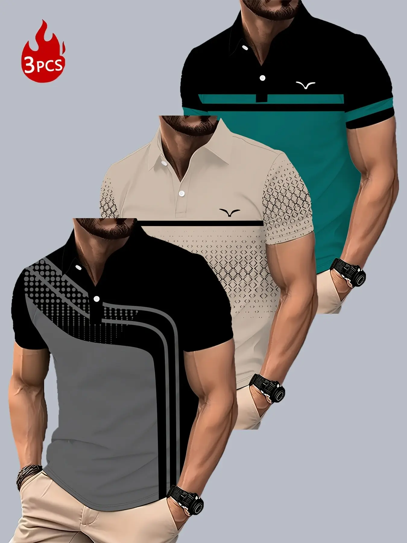 Men's Fashion Collared Polo Shirts Set of Three, Summer Short Sleeve Collared Casual Business Top, Multi-Color Patchwork Design, Breathable Comfort