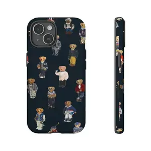 Polo Bear Tough Phone Case for iPhone 11, 12, 13, 14, 15, 16, 17 Pro Max Plus. Festive Christmas Collage Slim Hardshell Protective Bear Phone Cover.