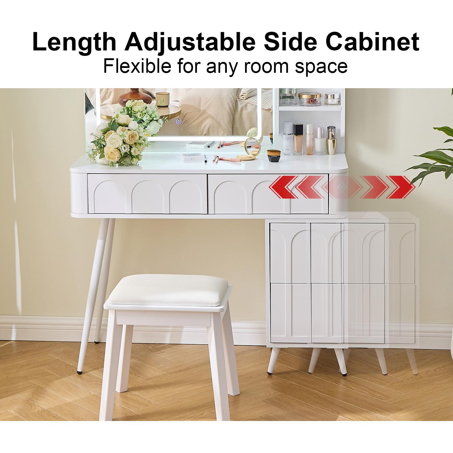 Modern Makeup Vanity Desk with LED Lights & Mirror, 4 Drawer Dressing Table Set with Stool,  Space-Saving for Bedroom, White/Black