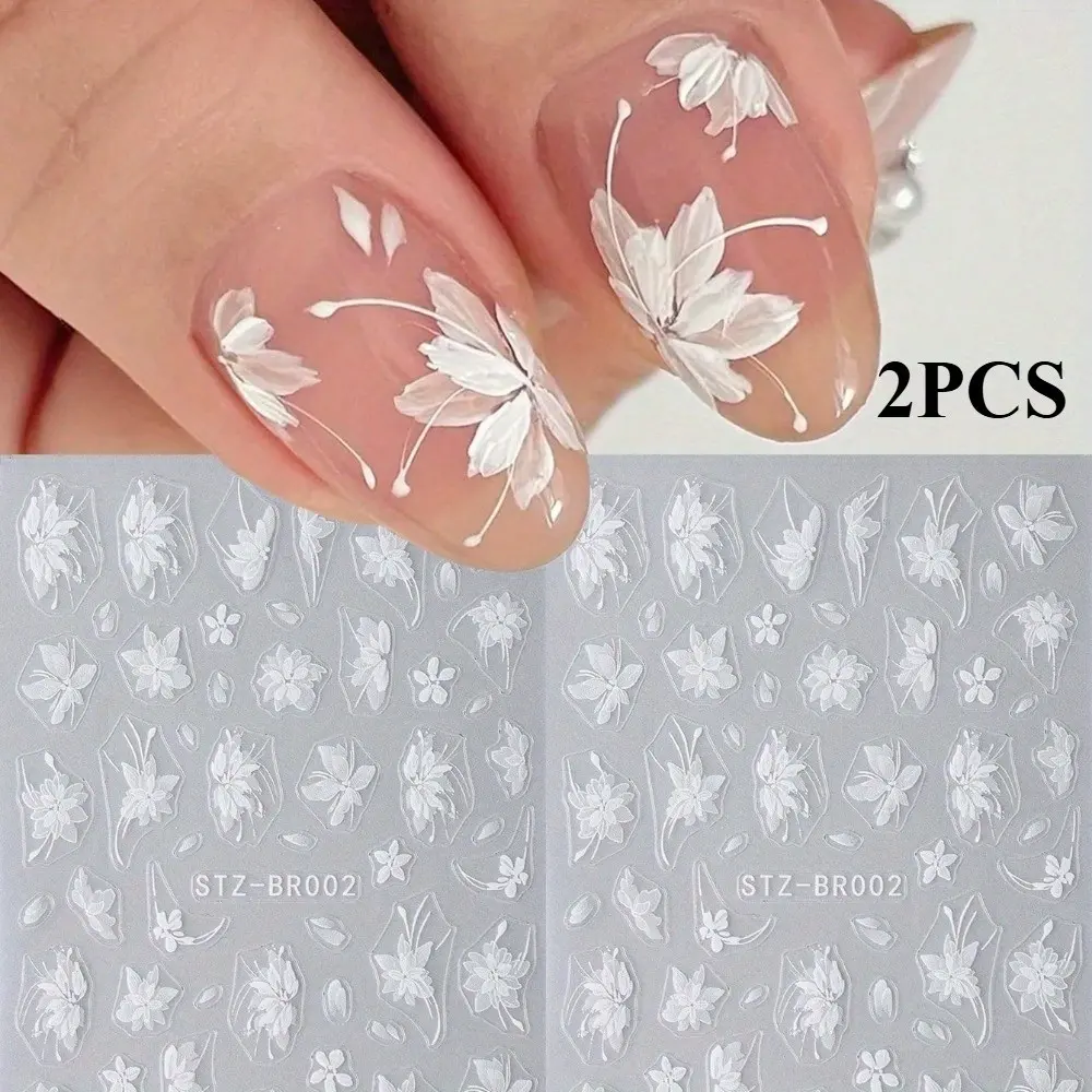 2 Pcs Flower Nail Art Stickers, Simple Plant Self-Adhesive Nail Decals, Wedding Design Decor, DIY Manicure Nail Art Stickers