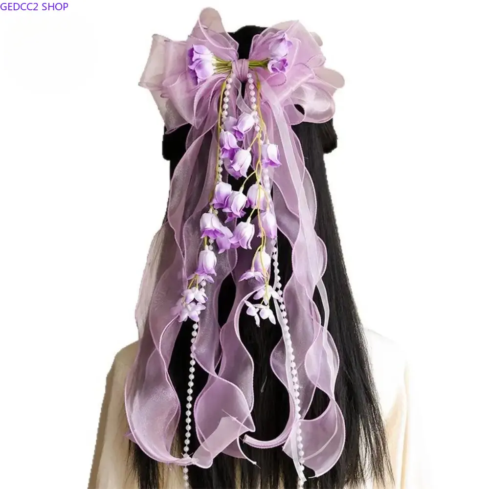 2026 New Sweet Lily of the Valley Bow Hairpin with Long Streamers, Elegant Floral Hair Accessory for Daily Wear & Ancient Hanfu, Stylish Decor for Sports Outdoor Camping Hiking Picnic