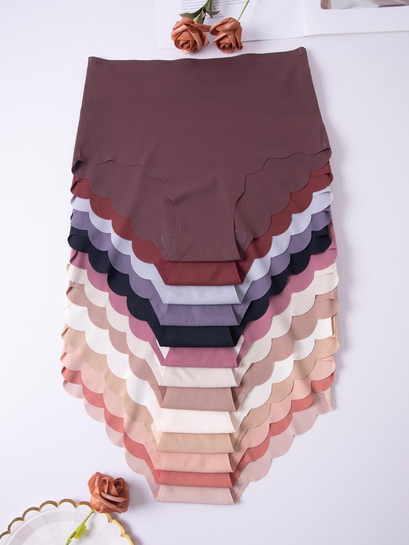 Women's Solid Color Scallop Trim High Waist Knicker, Casual Soft Comfy Breathable Seamless Panty for Daily Wear, Underwear for Women All Seasons, Fall Wear, Fallfreshness
