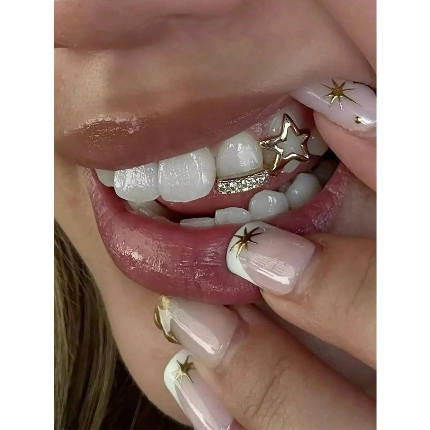 1Pcs Fashionable Women's Tooth Jewelry, Hollow Five-Pointed Star And Bar Zirconia Double Tooth Accessories