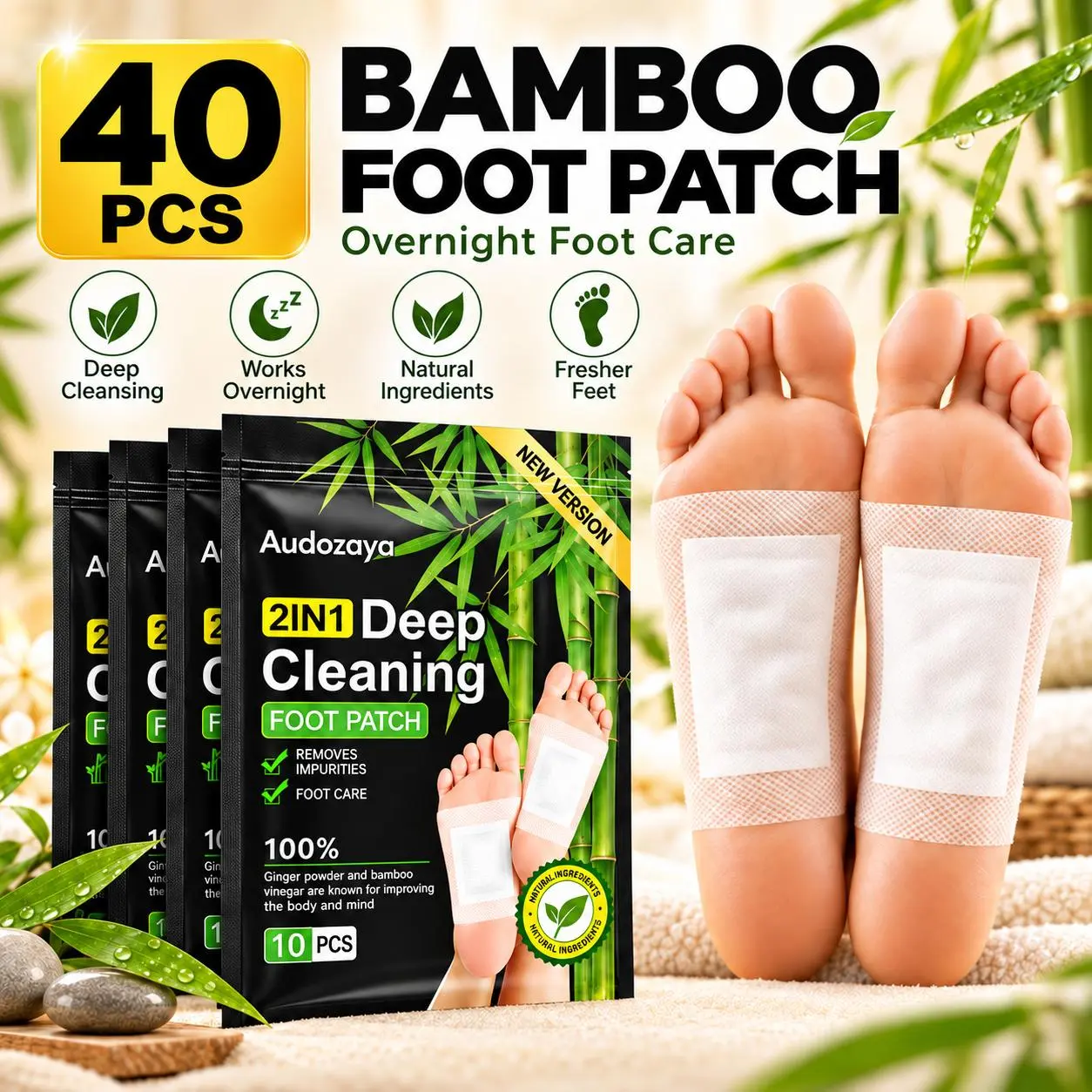 Natural Herbal Foot Patches, Overnight Bamboo Foot Care Pads, 2IN1 Deep Cleansing Foot Patches, Ginger Powder Infused for Relaxing Night Foot Self-Care, 40 Pack