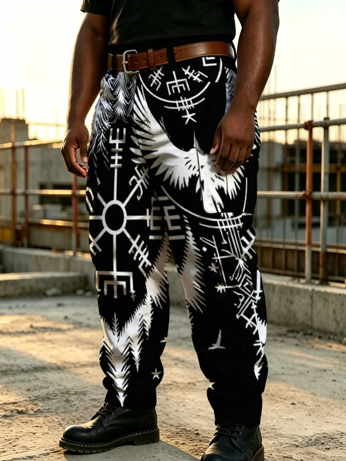 Plus-Size Men's Black and White Nordic Viking Rune Raven Pine Printed Work Pants, Men's Multi-Pocket Outdoor Trendy Casual Work Pants