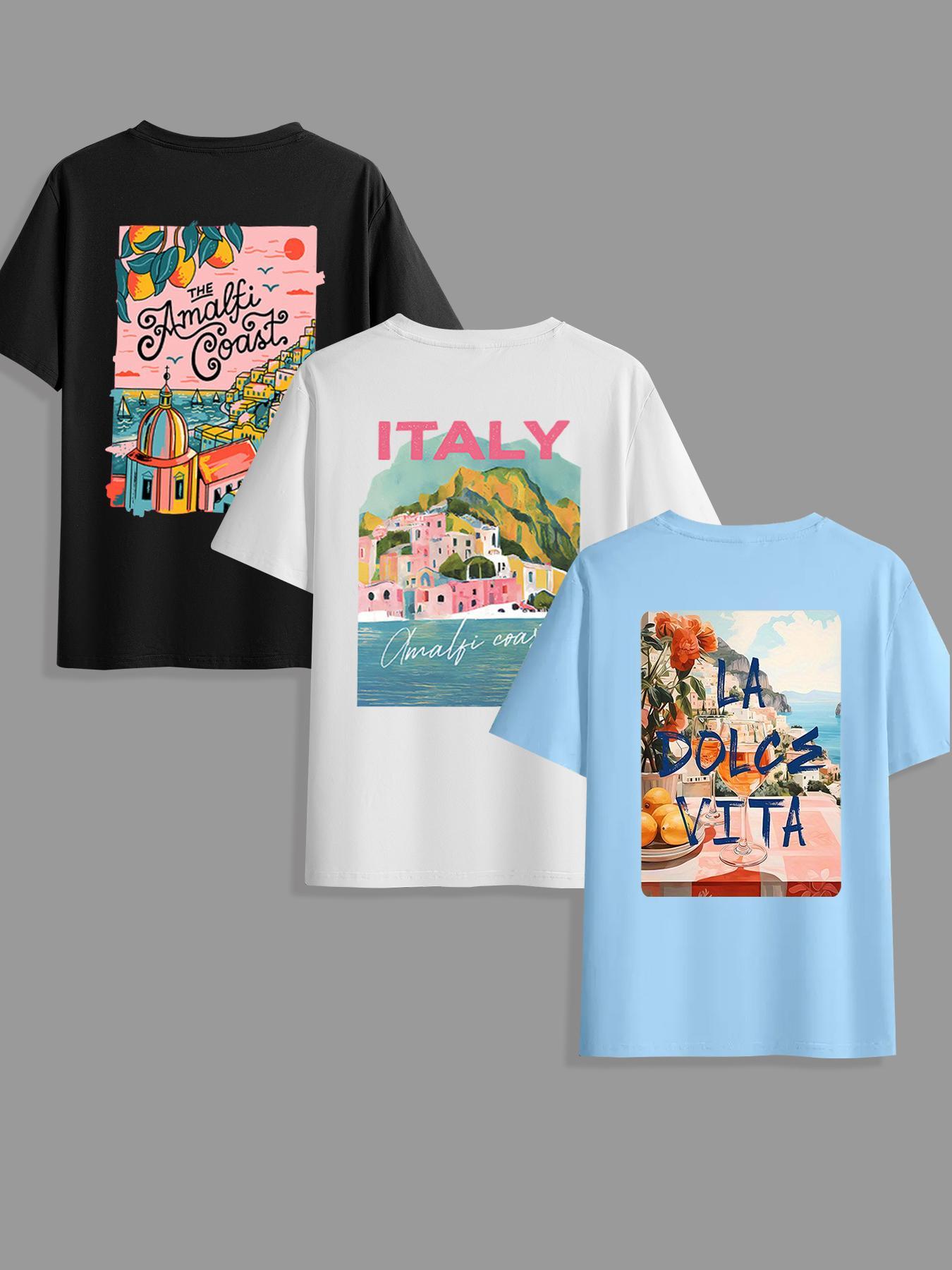 Men's Amalfi Italy Print Round Neck Tee, Regular Fit Casual Short Sleeve T-shirt for Summer, Men's Top for Daily Wear, Tropical