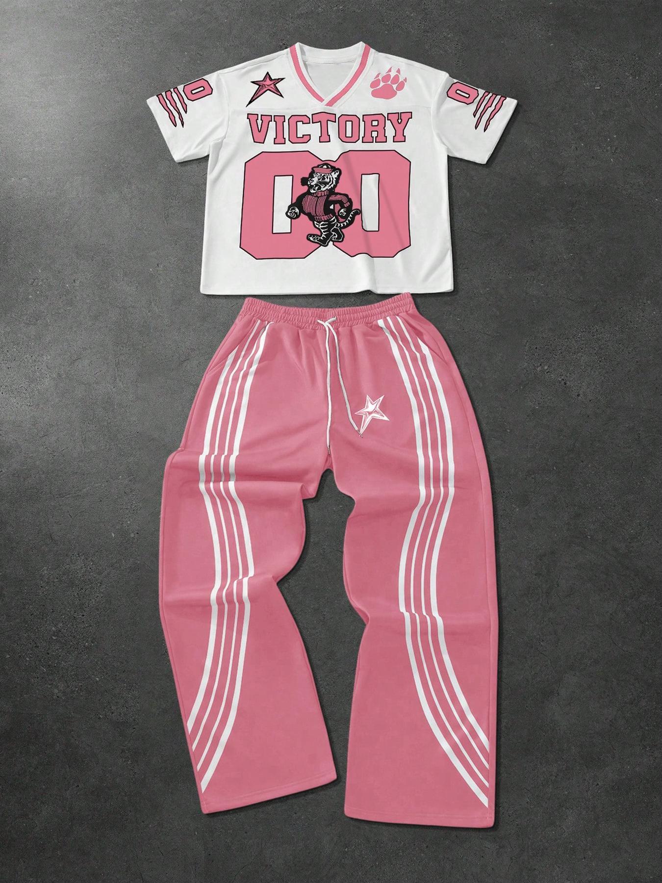 Men's Tiger Print Drop Shoulder Tee & Striped Print Trouser  Two-piece Set, Regular Fit Casual Fashion Cozy Breathable Two Piece Outfits for Daily Outdoor Wear, Men Clothes for All Seasons