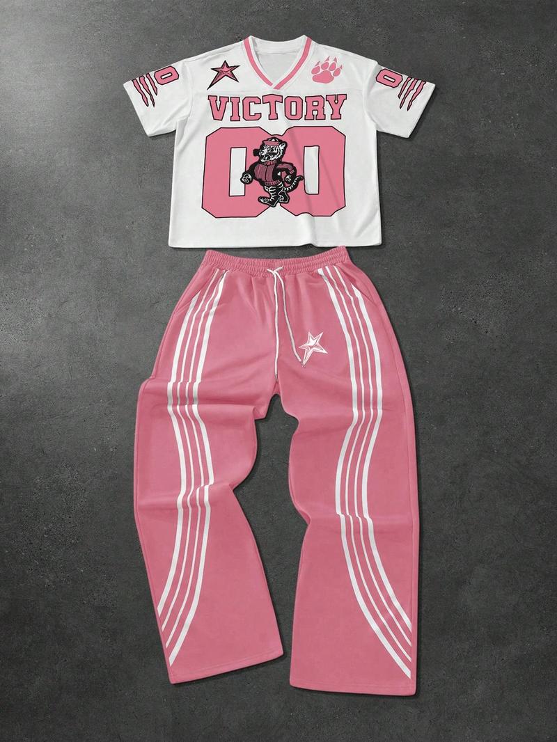 Men's Tiger Print Drop Shoulder Tee & Striped Print Trouser Two-piece Set, Regular Fit Casual Fashion Cozy Breathable Two Piece Outfits for Daily Outdoor Wear, Men Clothes for All Seasons,  Menswear, Crewneck Baseball Outfit