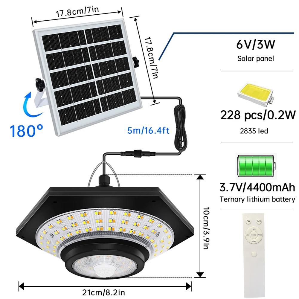 Solar Pendant Light, 228 LED Solar Pendant Light with Motion Sensor, Waterproof LED Wall Mounted Light with Remote Control, Outdoor Wall Lamp for Camping, Solar Powered Spotlight