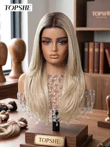 Topshe Golden Beauty Medium Long Hair, Mono High-Quality Fashion, Dark Root Gradient Milk Gold Straight Hair, 20 Inches, No Maintenance Full Wig
