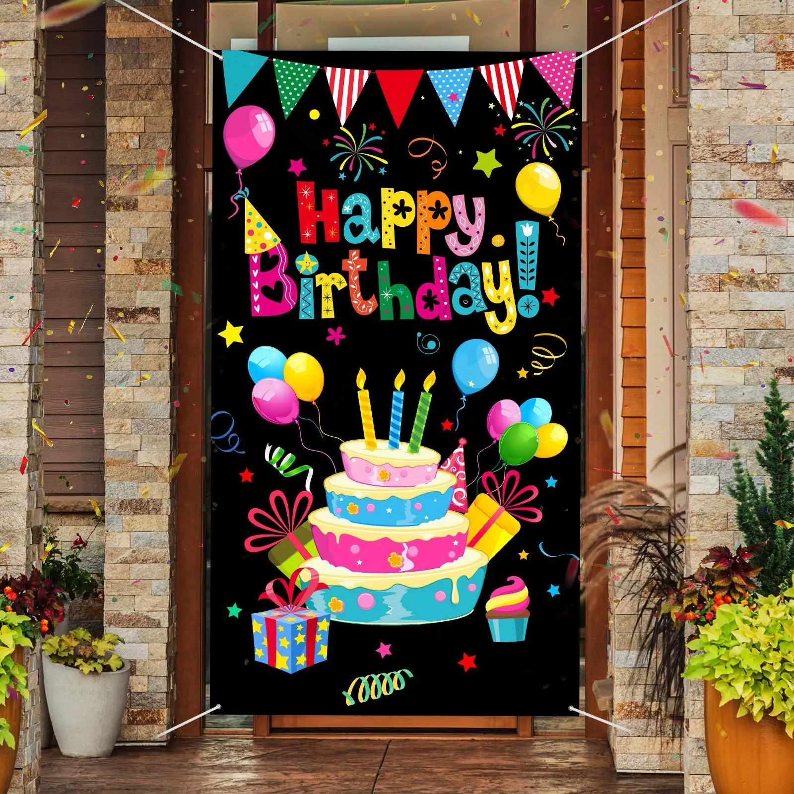 2D Flat Banner 1pc, Colorful Birthday Banner, Door Decor, Porch Sign, Background Hanger, Outdoor Party Supplies, Wall Decoration