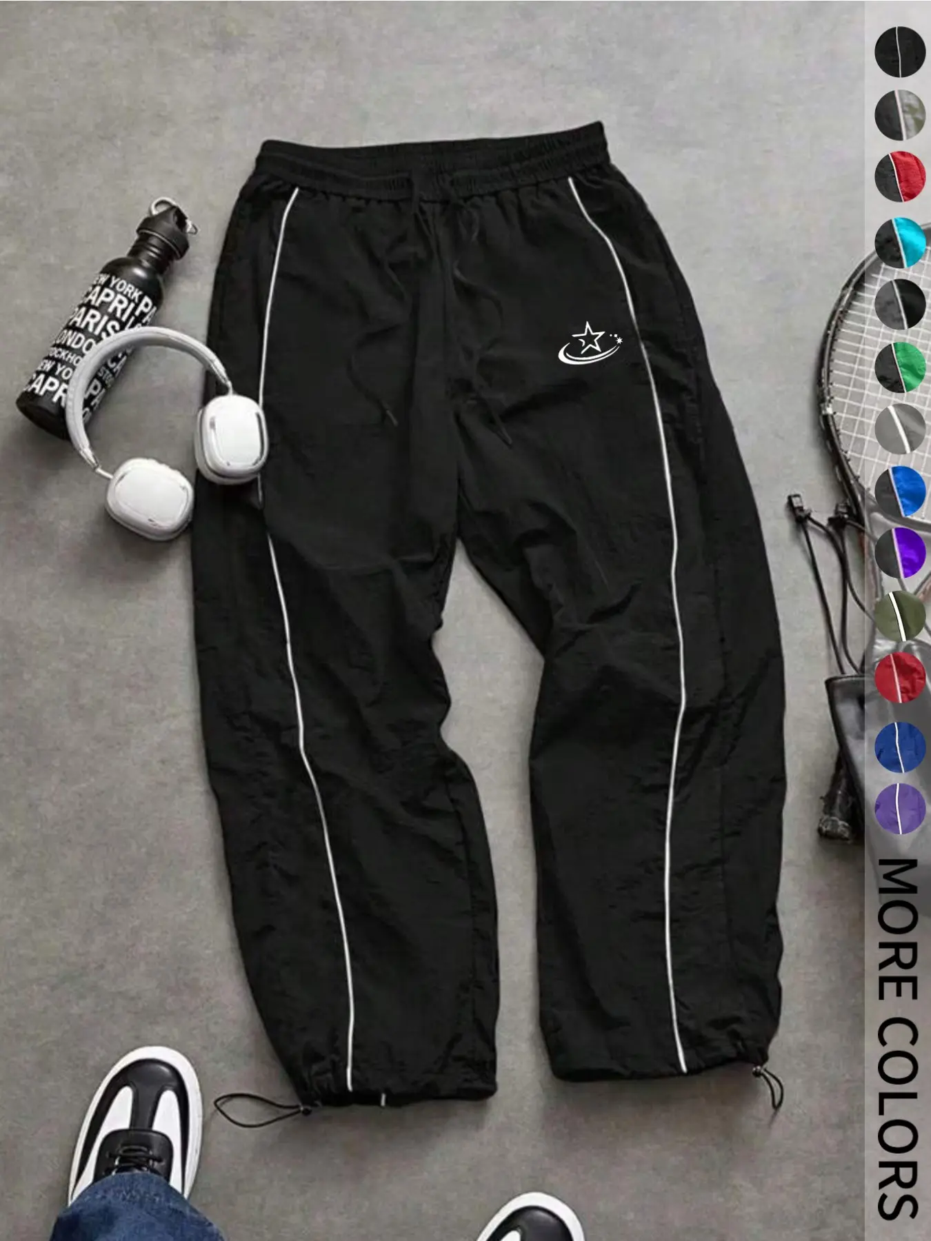 New Men's Casual Sport Pants, Loose Fit, Drawstring Waist, Elastic Ankles, Pockets, Cartoon Print, Lightweight, Spring & Fall