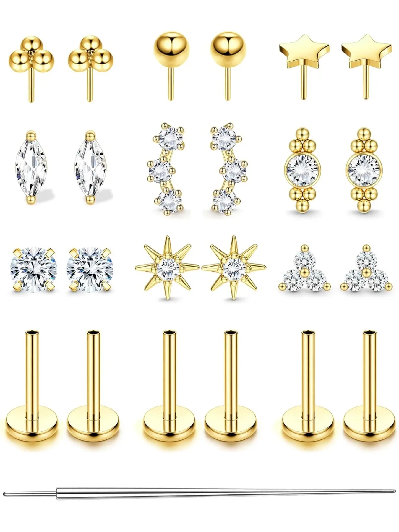 20G 18G Threadless Flat Back Earrings, Hypoallergenic Push in Stud Earrings 14K Gold Plated 316L Surgical Steel Cartilage Helix Conch Tragus Nose Piercing Jewelry for Women Studs Earrings