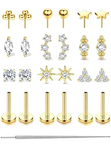 20G 18G Threadless Flat Back Earrings, Hypoallergenic Push in Stud Earrings 14K Gold Plated 316L Surgical Steel Cartilage Helix Conch Tragus Nose Piercing Jewelry for Women