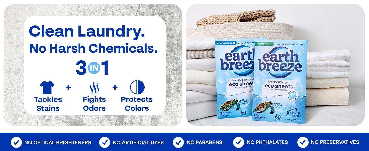 Earth Breeze Laundry Detergent Sheets Fresh Scent - 60 Loads Eco Liquidless Soap - Travel-Friendly for Hot & Cold Cycles, Tackles Tough Stains & Odors - Gentle on Skin, 30 Ct
