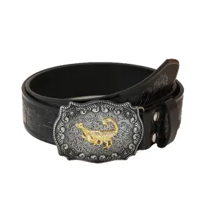 Western Black Tooled Leather Belt with Gold Scorpion Buckle