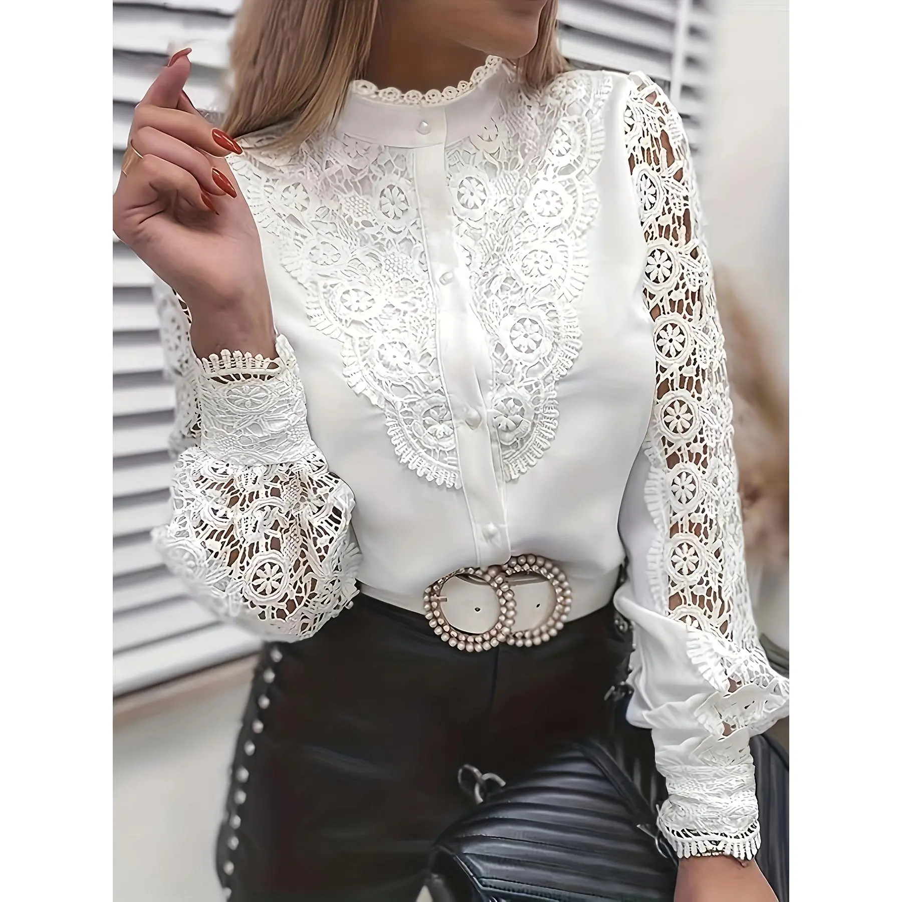 filipiniana,Elegant Long-Sleeve Blouse with Lace Detailing - 100% Polyester, Stand-Up Collar, Semi-Translucent Fabric for Spring & Fall, Machine Washable Women's Casual Top