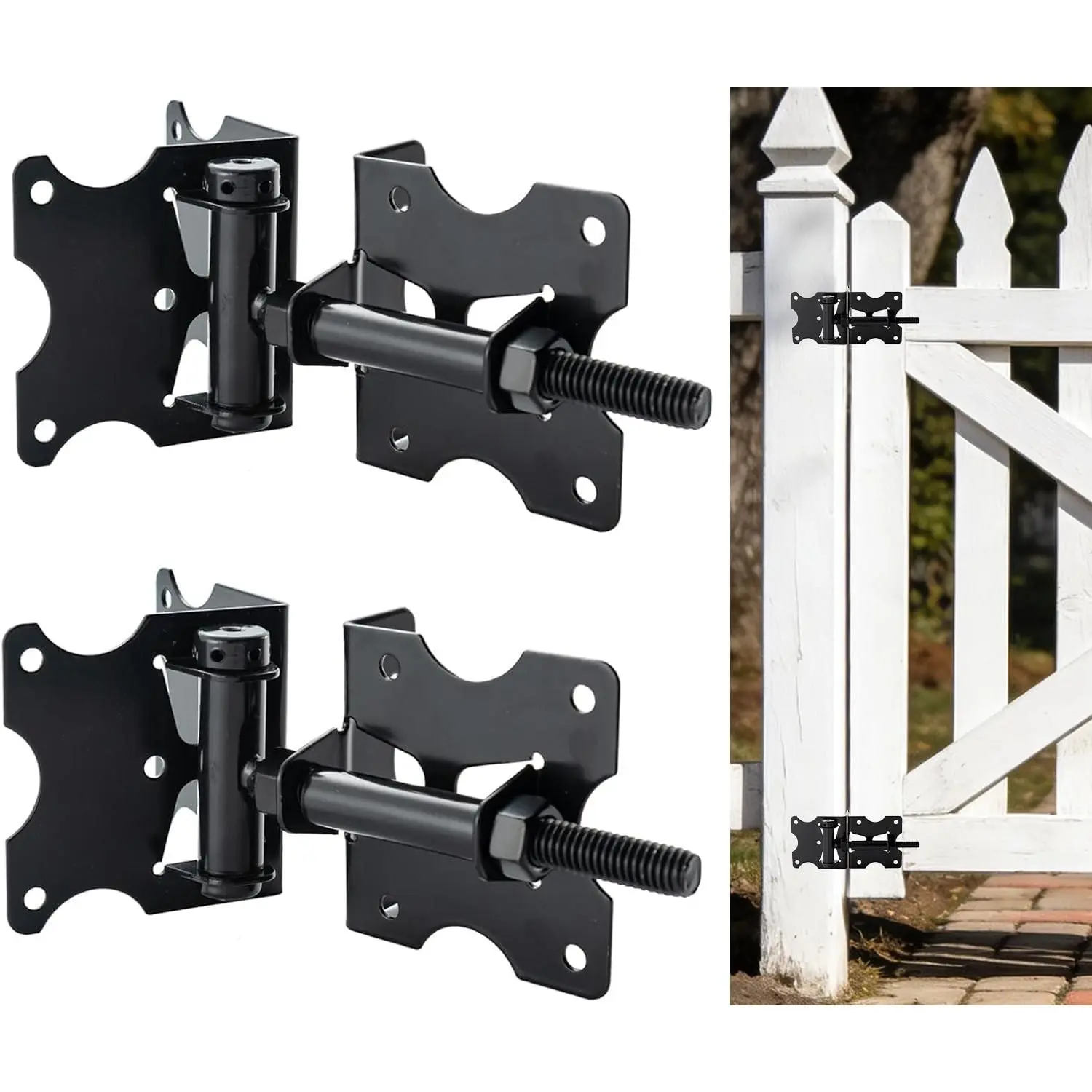 Self Closing Gate Hinges, Heavy Duty Gate Hardware Vinyl Door Closer Hinges, 90 Degree Adjustable Gate Hinges with Swing Adjustment Tool for Vinyl/Wooden Fence, 2 Pack, Black
