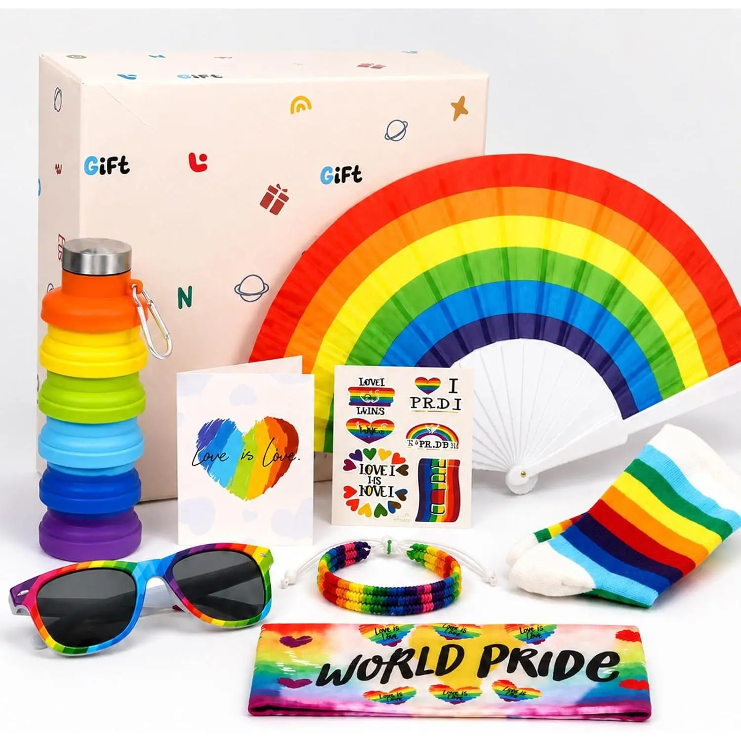 Pride Month  Set Rainbow Accessories Set LGBTQ Pride Party Favors Rainbow Tumbler Striped Socks Sunglasses Card Bracelet  Stickers with Box for LGBTQ Parade Birthday Christmas Supplies
