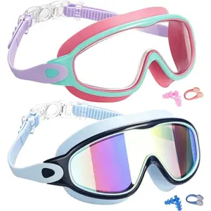 2PCS Kids Swim Goggles Set, Anti-Fog UV Protection Wide View Swimming Glasses for Ages 3-14, Comfortable Leak-Proof Pool Goggles with Earplugs & Nose Clip