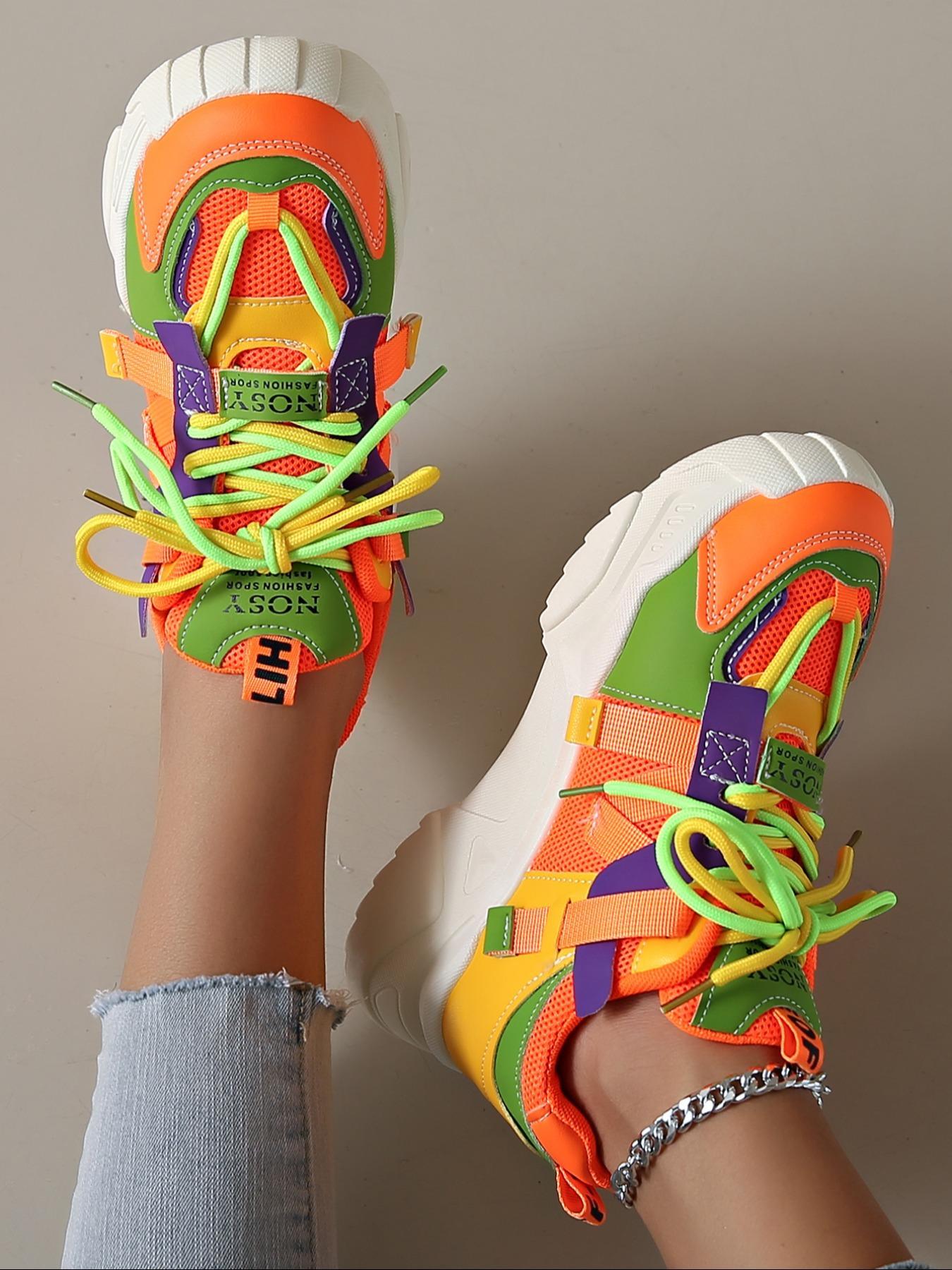 Women's Fashionable Colorblock Lace Up Platform Sneakers, Casual Comfortable Sports Shoes for Daily Wear, Female All-match Round Toe Shoes for Daily Wear, Lightweight Sneakers