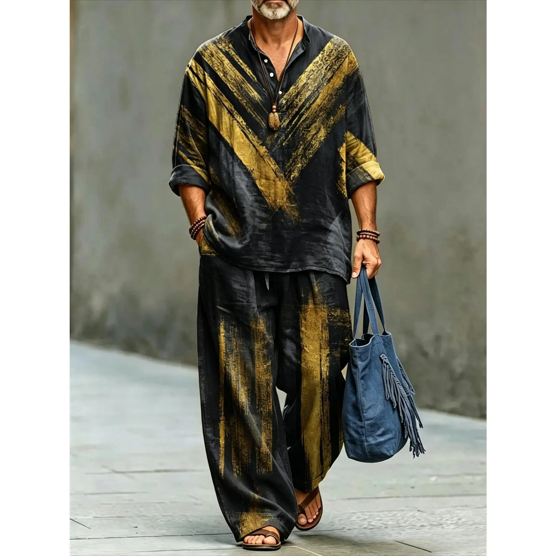 Men's Black Gold Brushstroke Print 2 Piece Outfit, Stand Collar Half Button Roll Sleeve Shirt & Wide Leg Pants Set, Linen Bohemian Vacation Matching Suit Clothes Menswear