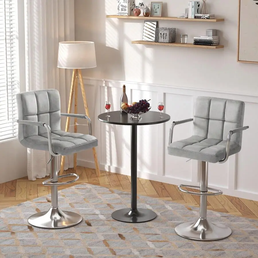 Furmax Velvet Modern Bar Stools Adjustable Swivel Barstools, Hydraulic Counter Bar Stool Leather Extra Height Square Island Barstool With Arms Set Of 2