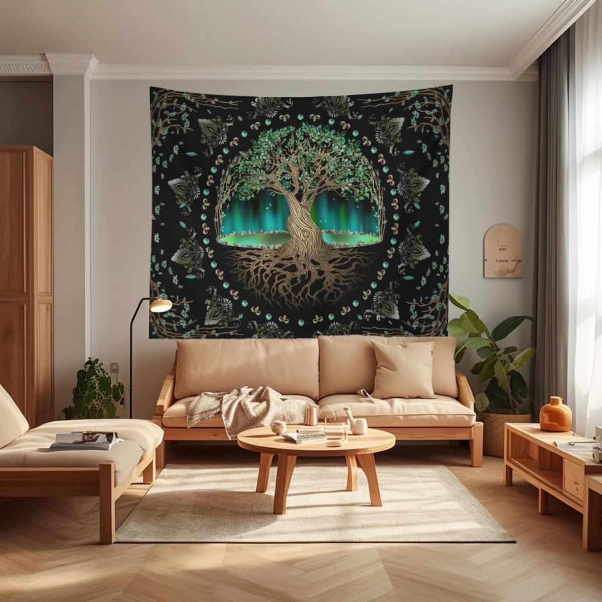 Large Tree of Life Tapestry Wall Hanging - Green Nature-Themed with Roots & Branches Design, Durable Fabric for Bedroom, for party & Festival Decor (Halloween/Christmas/Día de los Muertos) - Boho Decorations, Easy