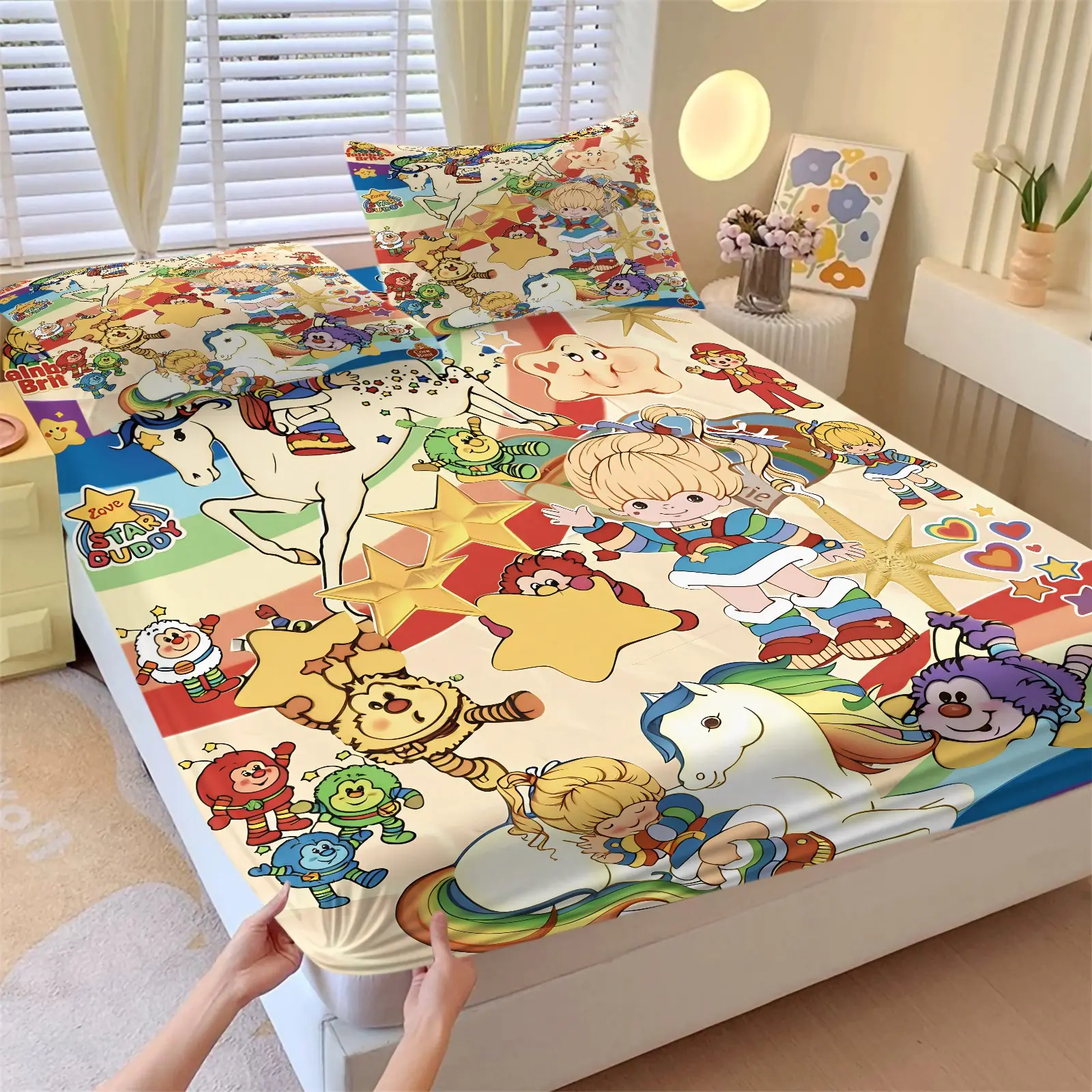 Rainbow Brite Fitted Sheet Set (1 Fitted Sheet + 2 Pillowcases), Retro Cartoon Rainbow Character & White Horse Pattern, Deep Pocket Design, 360° Tight Elastic, Soft Breathable Non-Slip Wear-Resistant Bedding for Kids & Retro Cartoon Lovers