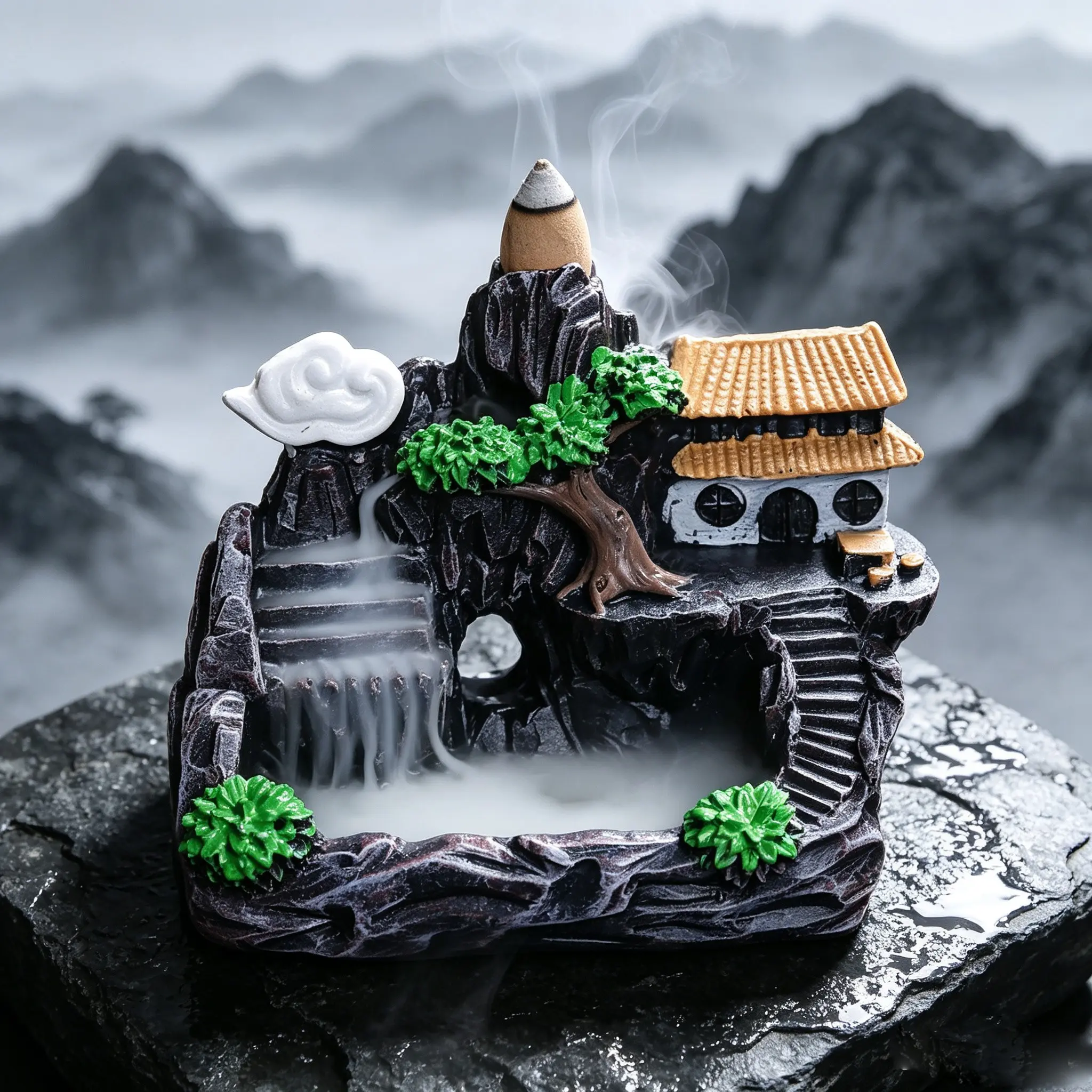 Resin Reverse Flow Incense Burner, Zen Mountain Landscape, Indoor Fragrance Diffuser, Scent Diffuser, Desktop Miniature Garden, Gift for Home Office
