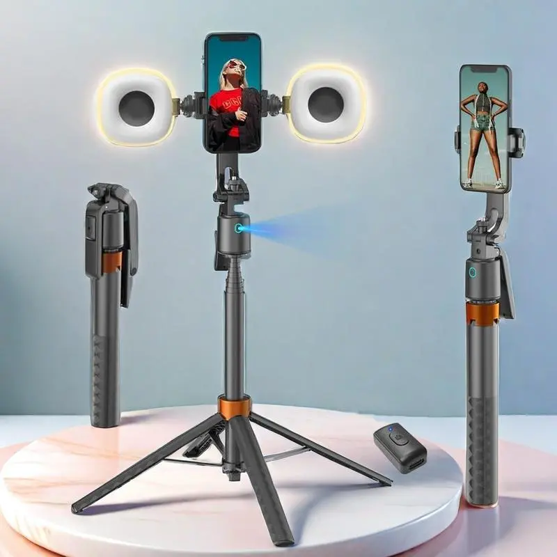 360-Degree Rotatable Selfie Stick Tripod, Rechargeable Smart Face Tracking Tripod with 2 Fill Light, Auto Face Tracking Phone Holder for Vlog, Live Streaming