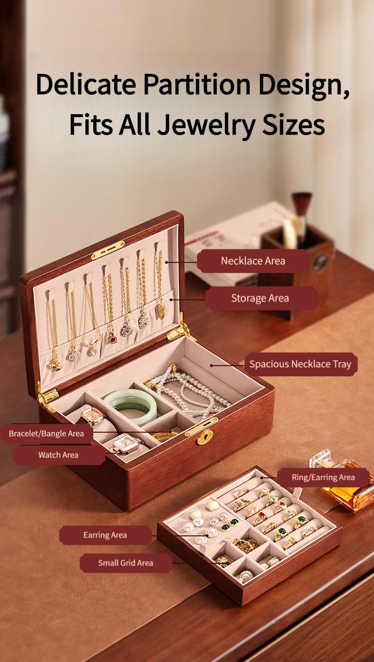 Solid wood embedded double-layer home jewelry box, desktop earring and ring storage box, flip-top lockable accessory storage box