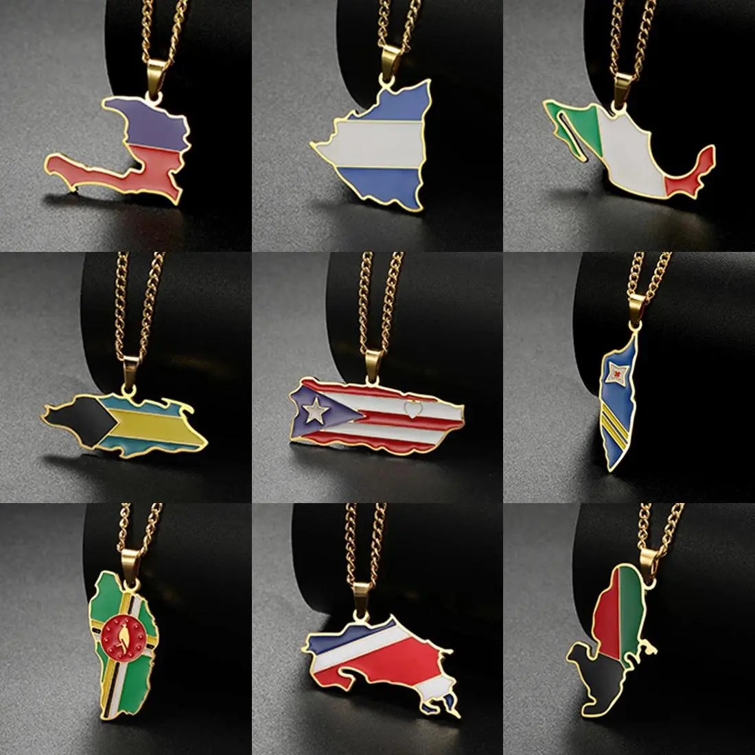 Stainless Steel North America 12-Country Map Necklaces with Anti-Rust Coat, Long Length, Map Beads, Haiti-Mexico-Aruba-Nicaragua Flag Designs, Fashion Jewelry for Birthday Gift Ideas
