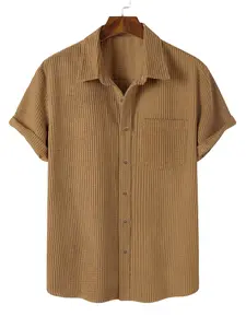 Men's Solid Color Pocket Button Front Corduroy Shirt, Regular Fit Casual Button Collared Short Sleeve Collar Shirt for Spring & Fall, Menswear for Daily Wear