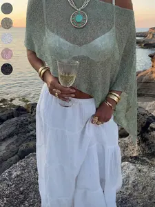 Women's Solid Boat Neck Off-Shoulder Lightweight Shiny Knit Top with Asymmetric Hem, Loose Fit Flowy Knitted Knitwear Top for Summer Vacation, Beach and Daily Wear, Womenswear