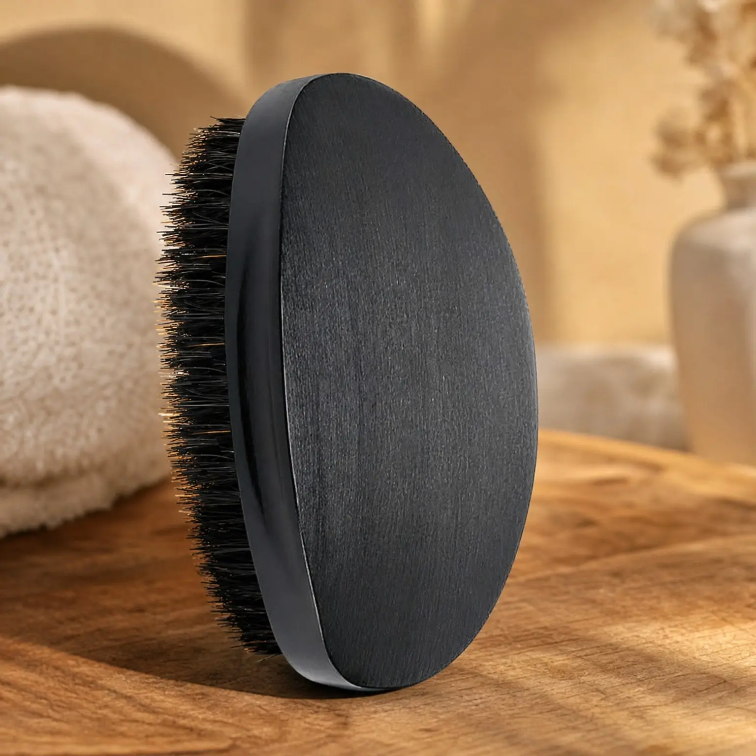360 Curved Wave Hair Brush for Men - Medium Hard Palm Wave Brush with Natural Boar Bristles & Beech Wood, BlackGift
