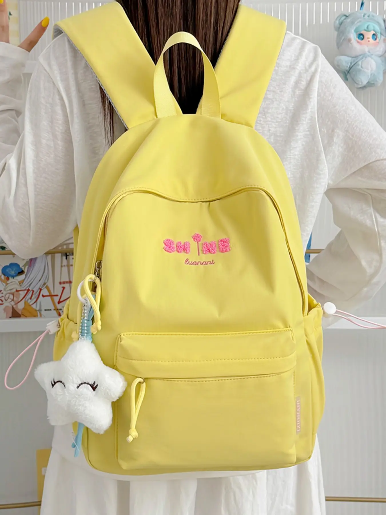 Macaron Color Casual Backpack, Soft Fabric with Cute Charms, Multi-Layer Large Capacity, Lightweight, Suitable for Students, Travel