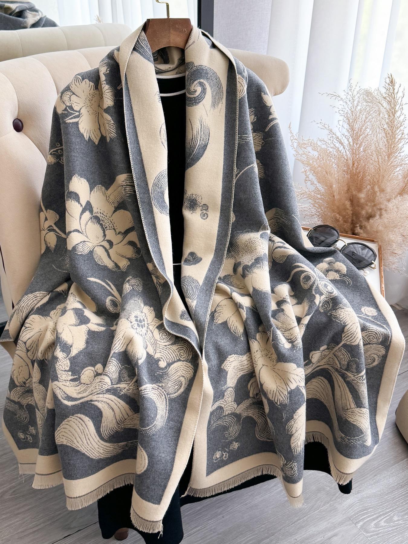 Women's Floral Pattern Raw Trim Shawl, Girlfriend Gifts, Imitation Cashmere Long Scarf, Casual Soft Warm Thick Double Sided Scarf for Fall & Winter, Fashion Accessories for Daily Wear
