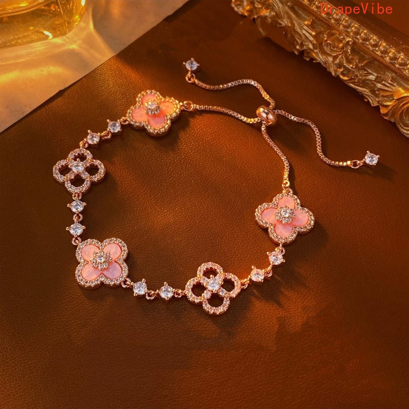 Pavé Zircon Clover Bracelet Rose Gold Tone Sweet Princess Style Light Luxury Daily Wear Jewelry For Women