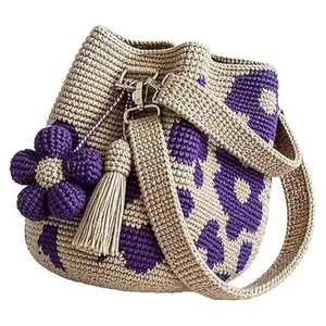 Boho Crochet Flower Bucket Bag, Handmade Floral Drawstring Crossbody Purse for Women, Summer Beach & Casual Use, Stylish and Unique Design