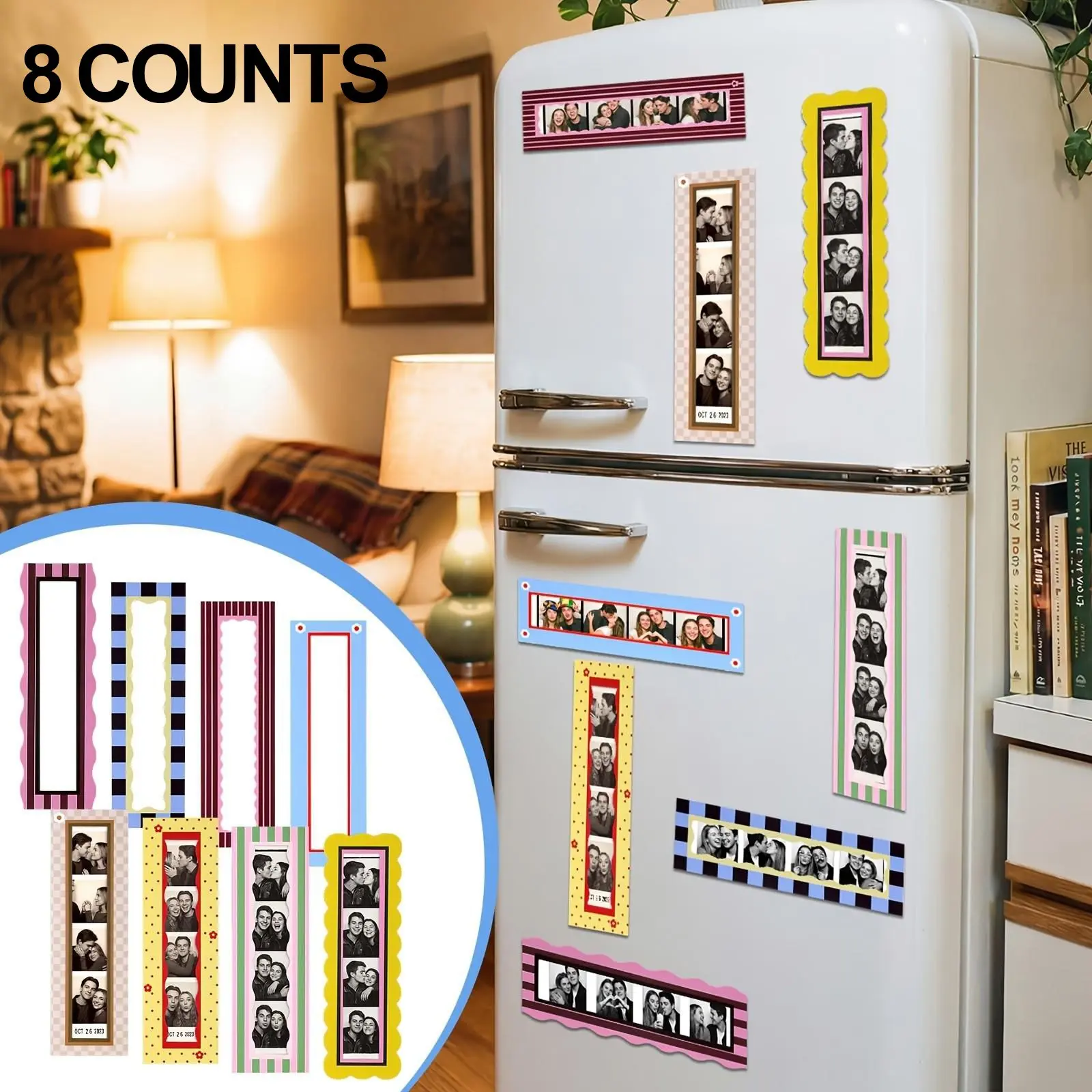 8 Pcs Vintage Magnetic Photobooth Frame Set, Magnetic Picture Frames For Refrigerator, Fridge Magnet Photo Frames Fits 1.5 x 8 Inch Photo Booth Strips, Perfect for Displaying Photos on Fridges at Home & Home Decor