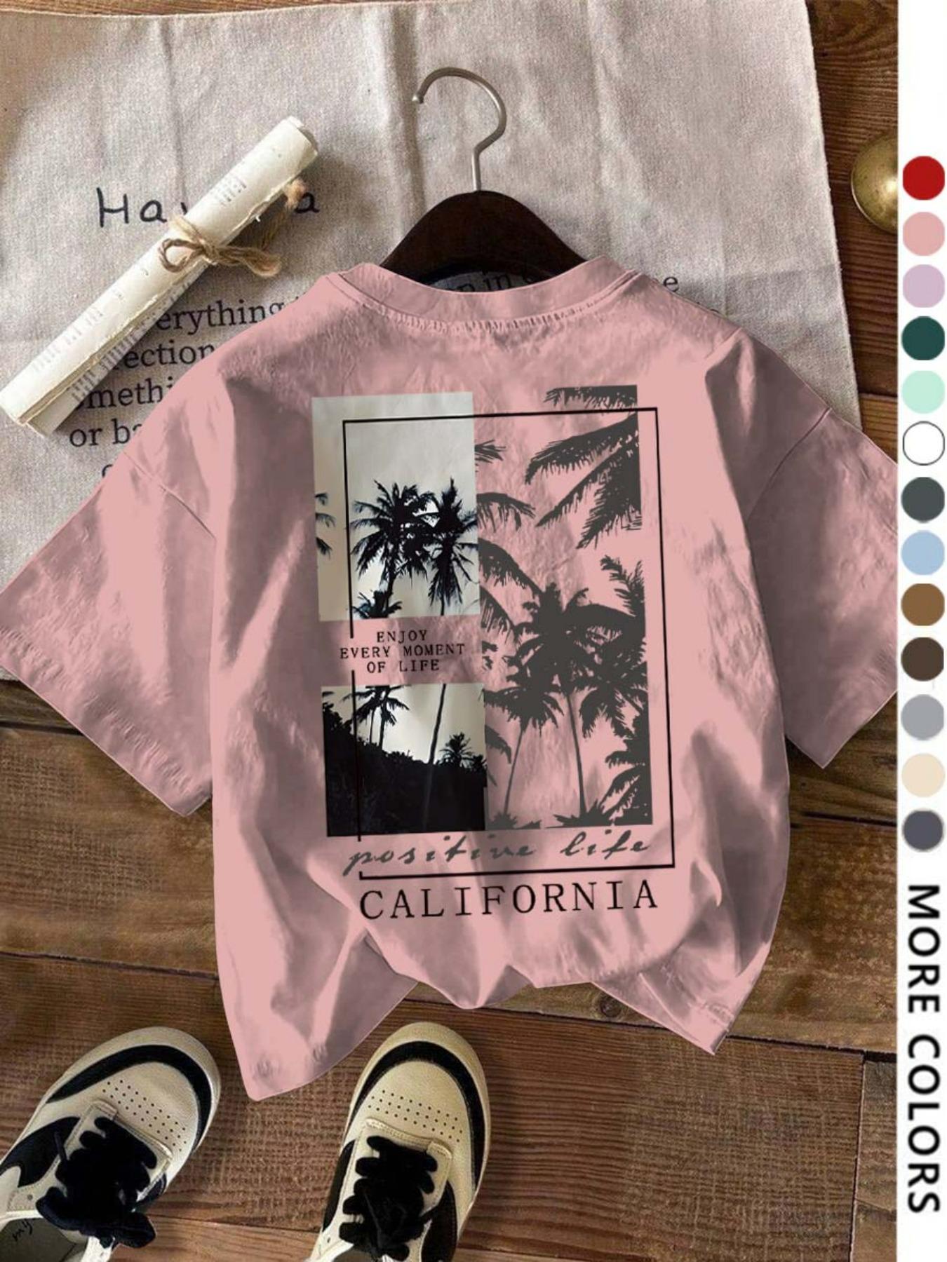 Women's Letter & Tree Print Round Neck Tee, Fashion Casual Short Sleeve T-shirt for Daily Wear, Ladies Summer Clothes