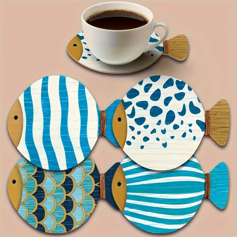 4 fun wooden fish-shaped tray coasters decorated with light blue and white patterns, heat-resistant, an ideal pick for coffee and tea lovers, and also suitable as decorative ornaments for homes, bars or offices