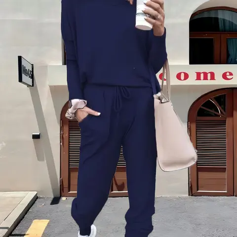 New Fall Winter Women's Solid Color Casual Two-Piece Set, Long Sleeve Round Neck Top + Elastic Waist Pants, Elegant Fashion Commute Home Wear Clothes, Loose Pants Set