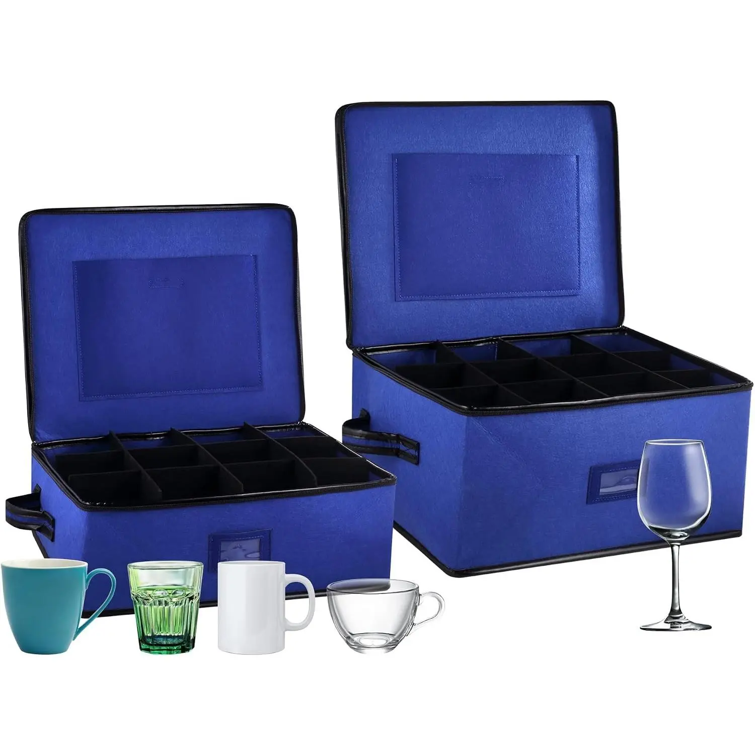 2 Pack Glass Storage Box with Dividers for Mugs & Glassware Coffee Cup Kit Stemware Storage Containers for Packing and Moving 12 Crystal Glassware, Wine Glasses, Drinkware (Blue)