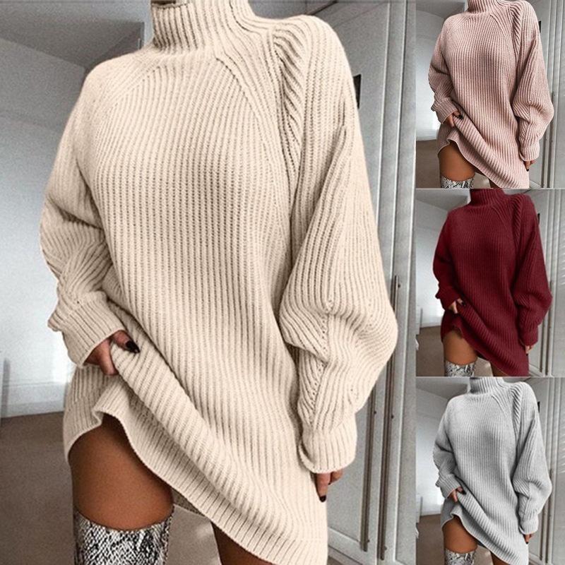 BIGWIG Women's Mock Neck Sweater Dress Drop Shoulder Long Sleeve Knitted Pullovers Ribbed Dresses